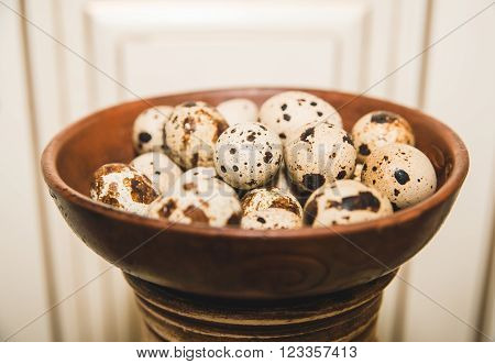 quail eggs are in the clay plate on the light background