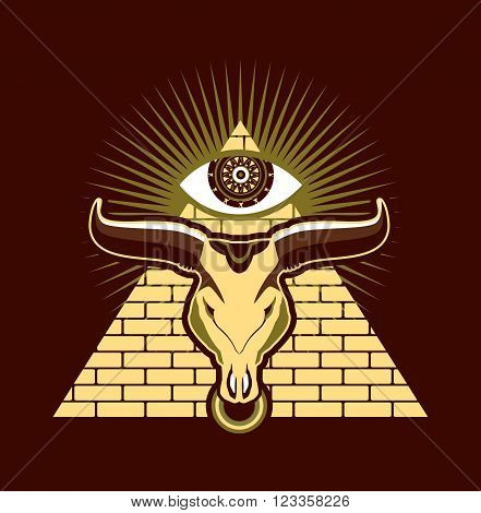 bull skull on a background of the Egyptian pyramids at the top of the eye symbol