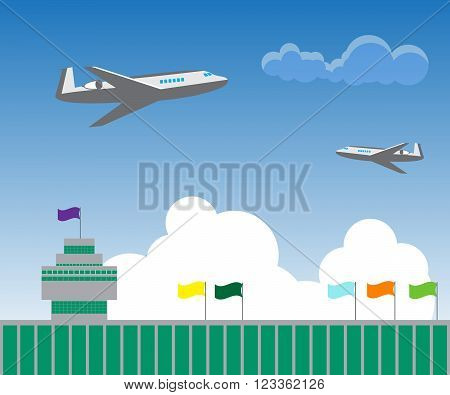 illustration of two aircraft flying over the airport building