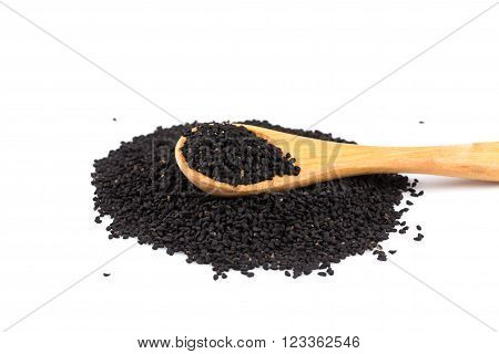 Heap Of Black Sesame On Wooden Spoon