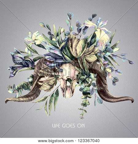 Goat skull in flowers. Tinted watercolor illustration.  Composition of tulips irises and the head of the animal.