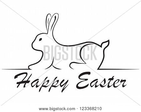 Rabbit silhouette. Happy Easter. Light line graph. On a white background. Vector Image. Text.