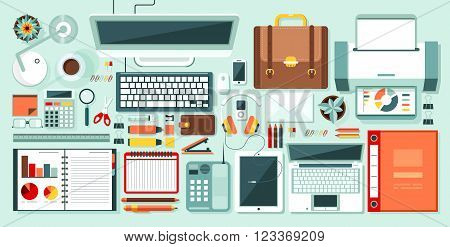 Set stock vector illustration isolated office supplies, gadgets, stationery on desktop in flat style white background element infographics, websites, icons, games, video, Motion Design