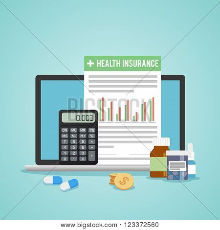 Health insurance form concept. Filling medical documents. Calculator and drugs, money