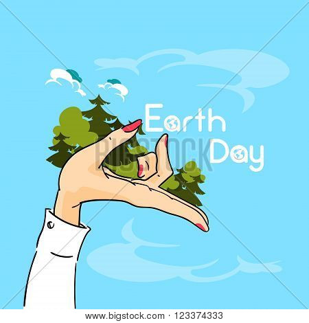 Earth Day Woman Hand Hold Trees Forest Vector Illustration