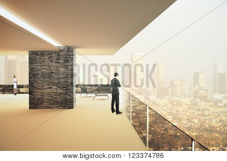 Office interior with panoramic city view and businesspeople. 3D Render