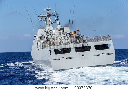 back from a warship in mediterran sea