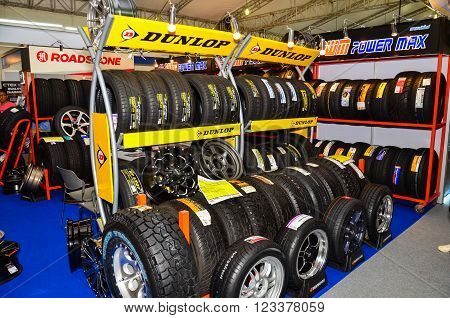 NONTHABURI - MARCH 26: Dunlop tire on display at The 37th Bangkok International Thailand Motor Show 2016 on March 26, 2016 Nonthaburi, Thailand.