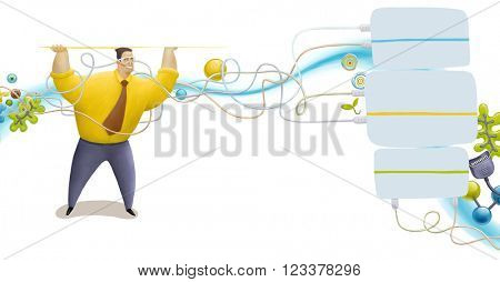 An illustrated blocks and elements on business and technology and a man wearing a tie holding blank space under his head. For web design or graphic template usage.