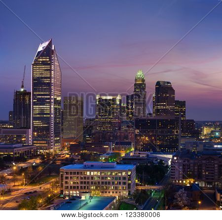 The Charlotte, North Carolina skyline during a colorful morning right before sunrise.