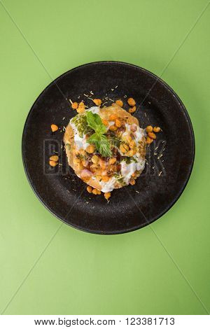 Rajasthani Shahi Raj Kachori, stuffed katchori with potato and sprout filling and served with curd, chutney and sev
