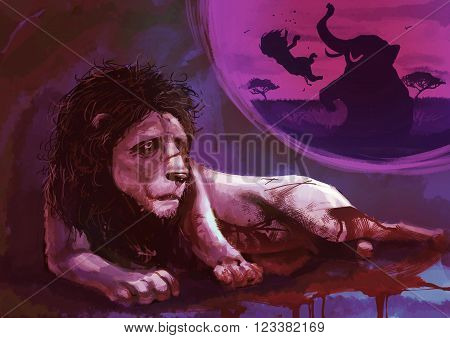 Cartoon illustration of old male lion injured by an elephant with blood on the ground