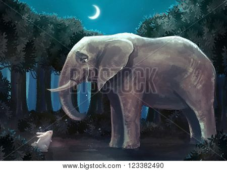 Cartoon illustration of white rabbit bunny is talking with a sad elephant in the forest night scene