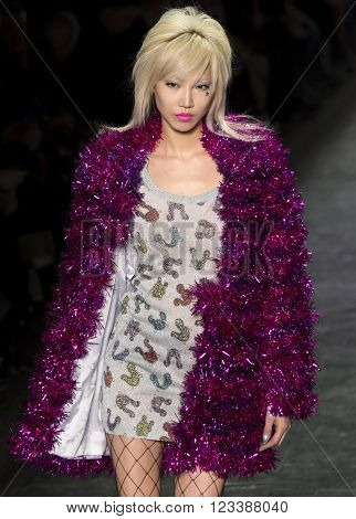 New York City USA - February 15 2016: Soo Joo Park walks the runway during the Jeremy Scott Women's show as a part of Fall 2016 New York Fashion Week