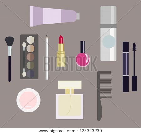 Set of flat style make up cosmetics
