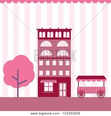 Cute dolly-style pink flat outdoor building scene