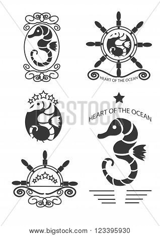 Set of vintage seahorse labels emblems and design elements. Vector illustration