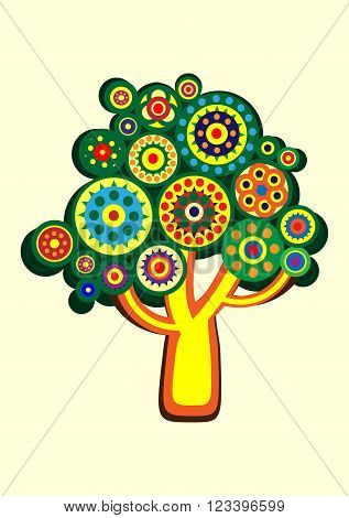 Cartoon multi-colored tree in a circle. Vector illustration