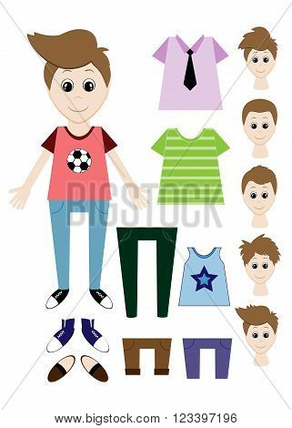 Big Set Of Clothes For The Boy Constructor. Hairstyle, Dress, Shoes, Pants, T-shirt. Vector