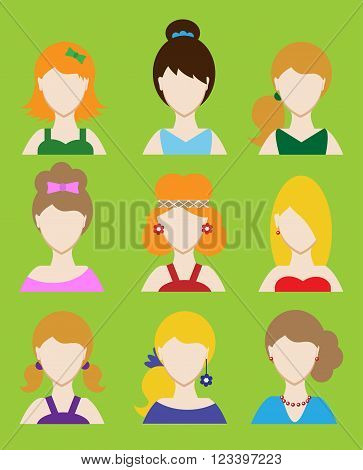 Set Of Female Avatar Or Pictogram For Social Networks. Modern Flat Colorful Style. Vector