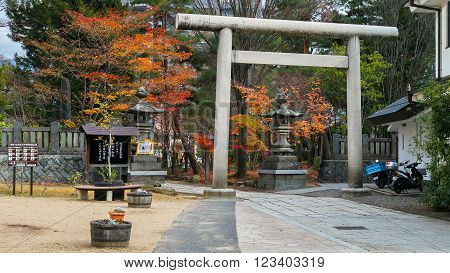MATSUMOTO JAPAN - NOVEMBER 21 2015: Yohashira Jinja shrine founded in Meiji period facing the Nawate street a tourist attractions in Matsumoto City