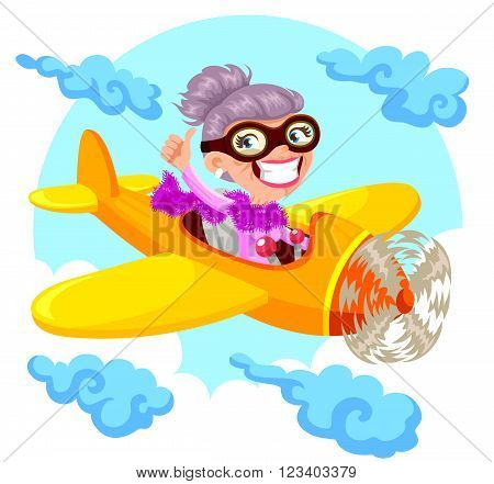 cartoon happy old lady flying an airplane
