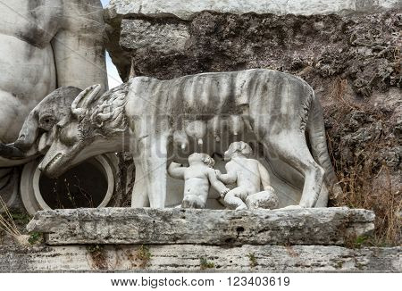 Rome - Piazza Del Popolo. The She-wolf Suckling Romulus And Remus The Traditional Founders Of The Ci