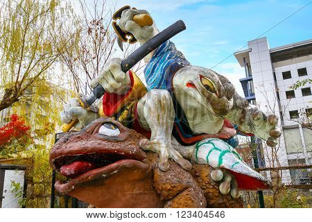 Matsumoto Japan - November 21 2015: Samurai Frogs statue at Nawate Dori Street in Matsumoto City located near Matsumoto castle it's one of Matsumoto tourist attractions