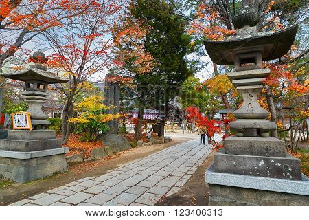 MATSUMOTO JAPAN - NOVEMBER 21 2015: Yohashira Jinja shrine founded in Meiji period facing the Nawate street a tourist attractions in Matsumoto City