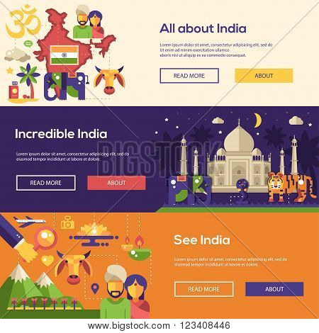 Welcome to India travel website flat design headers, banners set with famous Indian symbols