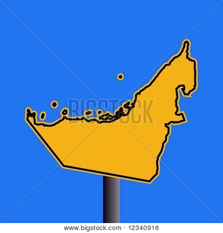 giallo segnale di avvertimento mappa Emirati Arabi Uniti su illustrazione blu