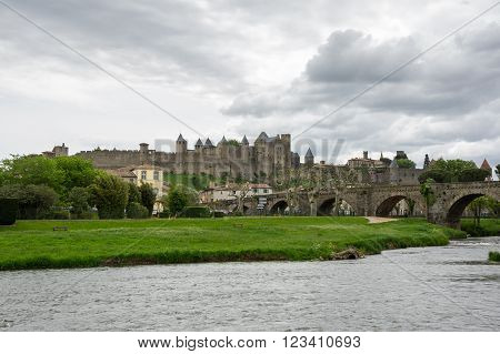 Castle of Carcassonne and Pont Vieux bridge in southern France