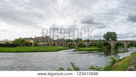 Castle of Carcassonne and Pont Vieux bridge in southern France