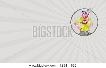 Business card showing Low polygon style illustration of male gardener landscaper horticulturist holding shovel spade on shoulder hand on hips facing front done set inside circle.