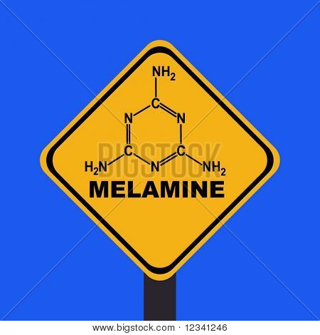 Melamine warning sign with chemical formula illustration