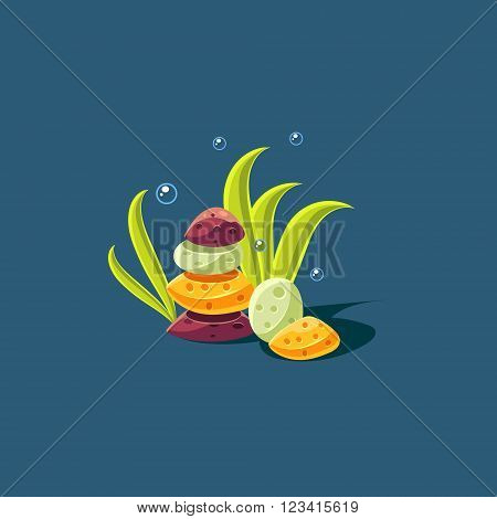 Seagrass And Rock Pile Cute Cartoon Style Vector Illustration On Dark Blue Background