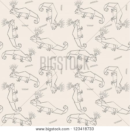 Thin Line Lizards And Crown. Paper Origami Style. Vector Seamless Pattern. Stylish Modern Print. Cute Background For Website Texture Fabric. Lizards As Pets. Lizard Squad. Lizards Origami.