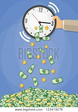 money bills and golden coins falling from the clock which shakes the hand of a businessman. time is money concept, time management. vector illustration in flat design on blue background
