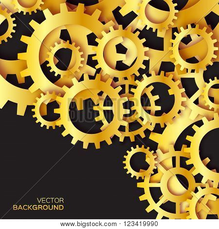 Mechanism system cogwheels. Golden foil gears. Origami paper cut style tech project on black background. Vector illustration.