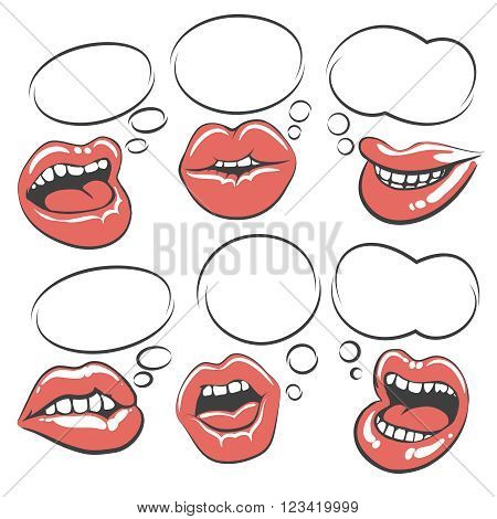 Pop art lips with speech bubble. Mouth with speech bubble set. Vector illustration