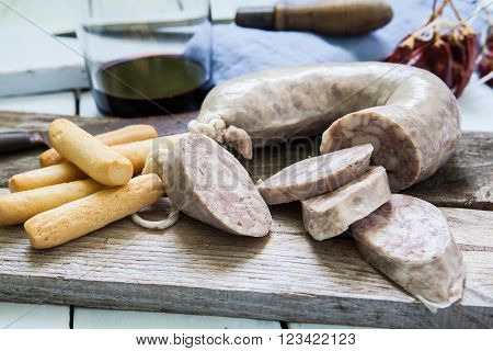spanish White sausage tapa of butifarra and wine