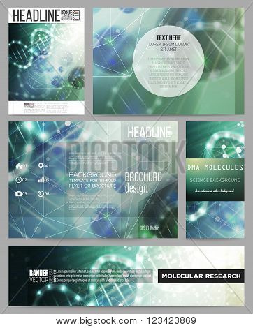 Set of business templates for presentation, brochure, flyer or booklet. DNA molecule structure on dark geen background. Science vector background.