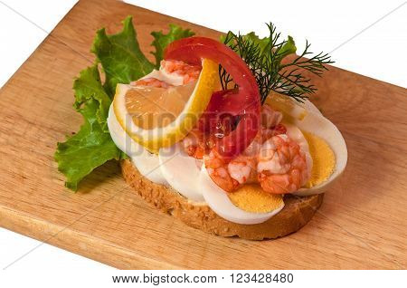 Scandinavian food, eggs and shrimps on white background