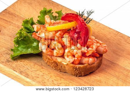 Scandinavian food, shrimp sandwich on white background