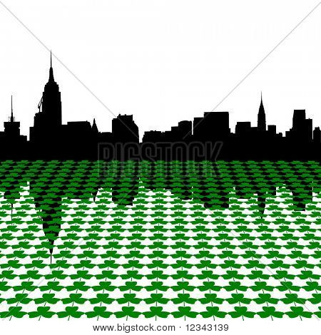 Midtown Manhattan siluetinin mutlu St Patricks Günü yoncalar çizim ile