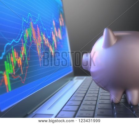 Piggy bank on laptop keyboard looking at the chart of the stock market.