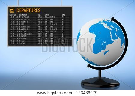 World Travel Concept. Airport Departures Board with Earth Globe on a blue background. 3d Rendering