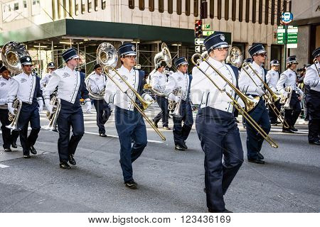 NEW YORK-MARCH 17-Dr Phillips High School Band of Orlando Florida in the St Patrick's Day Parade on March 17 2016 in New York City.