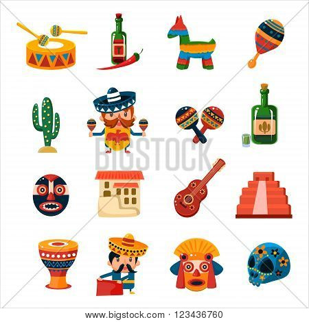 Traditional Mexican Symbols Collection Isolated Flat Vector CuteIcons On White Background