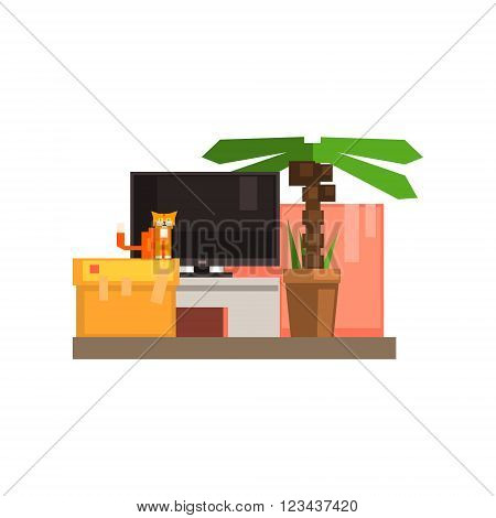 Room Interior With TV And Cat 8-bit Abstract Primitive Flat Vector Illustration On White Background